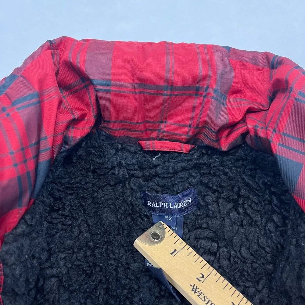 Ralph Lauren Puffer Vest Kids Red Plaid Toggle Crest Preppy 6X Sleeveless Jacket